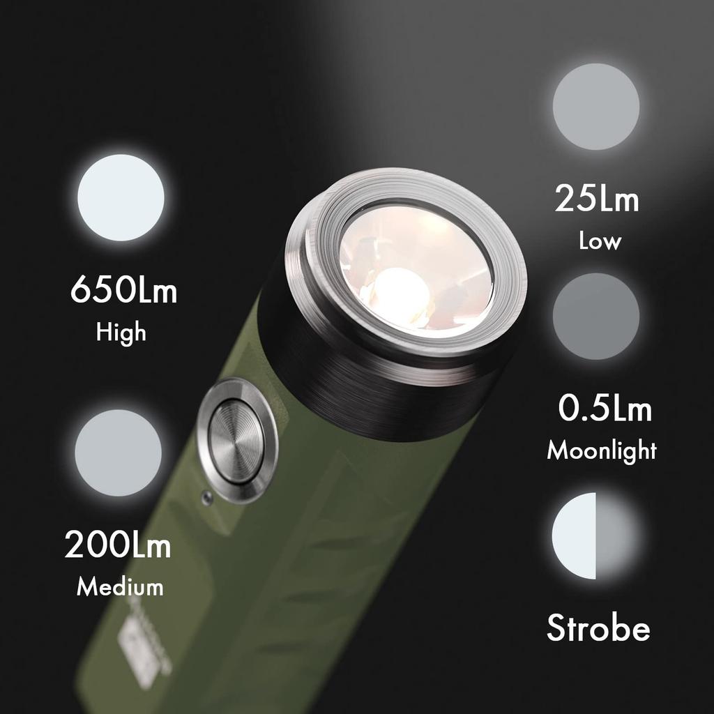 RovyVon Aurora A1 Keyring 650 Lumens Outdoor EDC Mini Rechargeable LED Everyday Portable Torch Flashlight, Ultra-Bright Flashlight, (Military Green)
