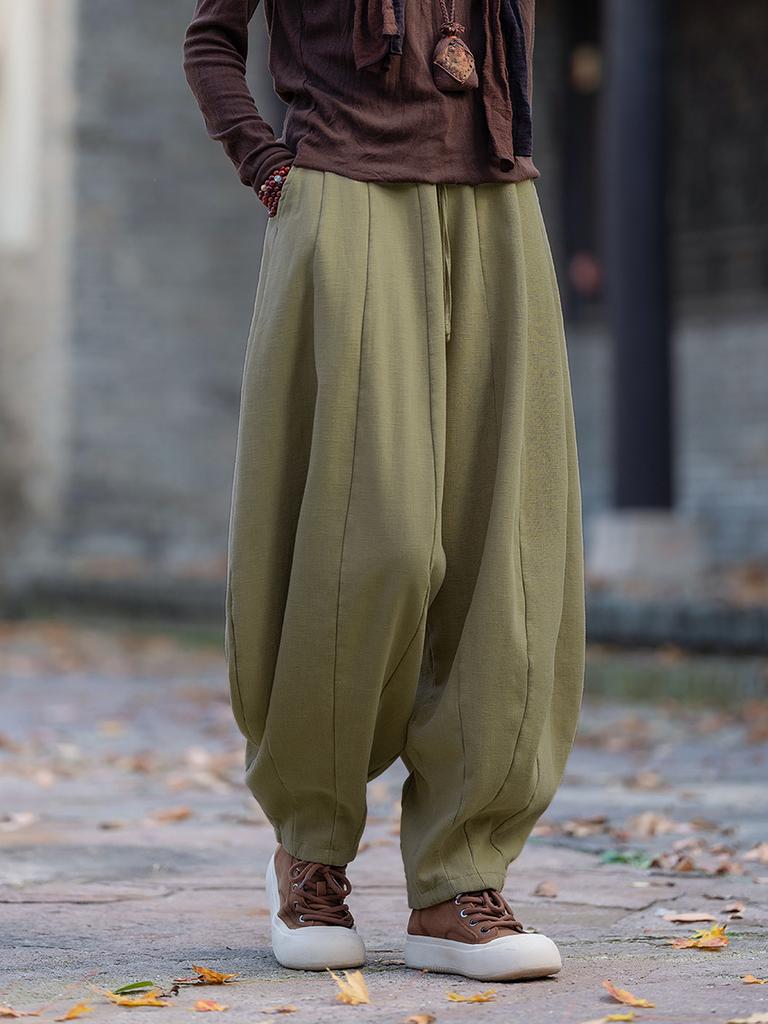 Johnature Women Vintage Bloomers Pants Solid Color Loose Trousers Winter Elastic Waist Chinese Style Pants
