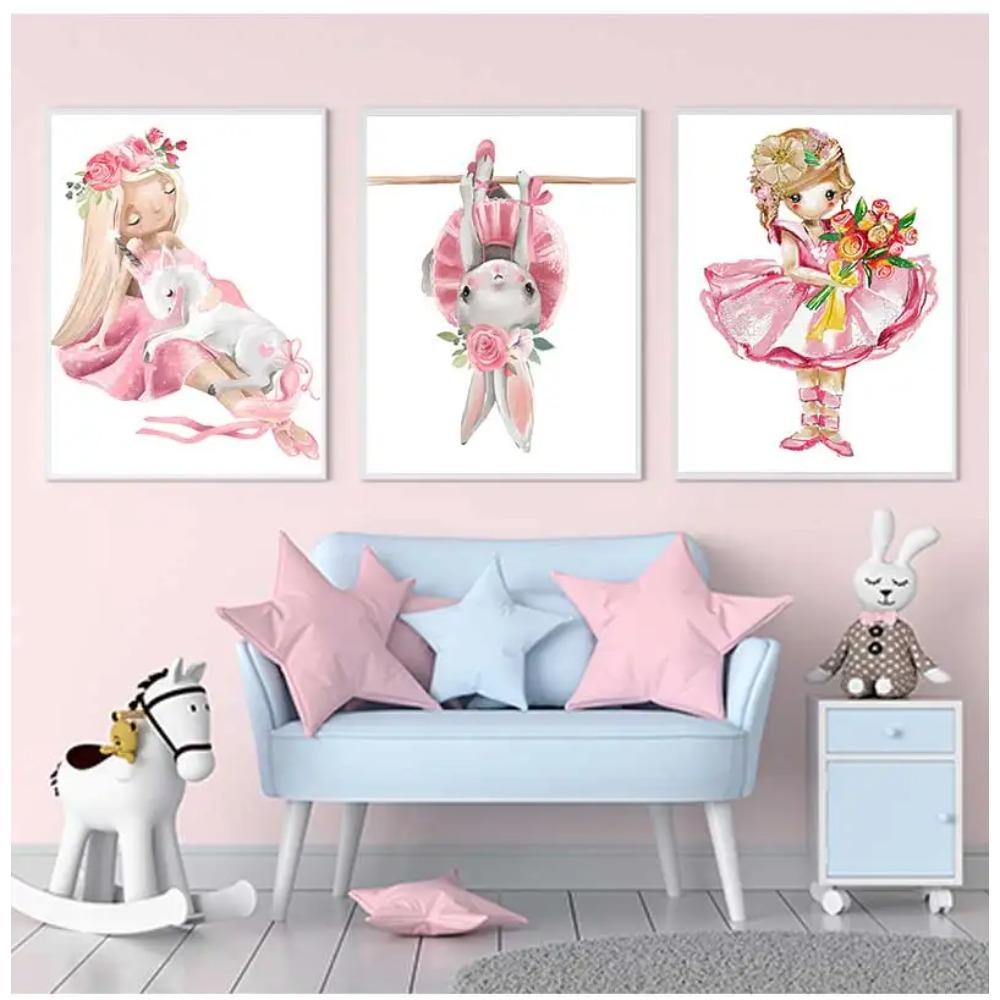 Rabbit Unicorn Nordic Posters And Prints Wall Art Canvas Painting Pictures Kids Room Decor Cute Ballet Girl Rose Flowers