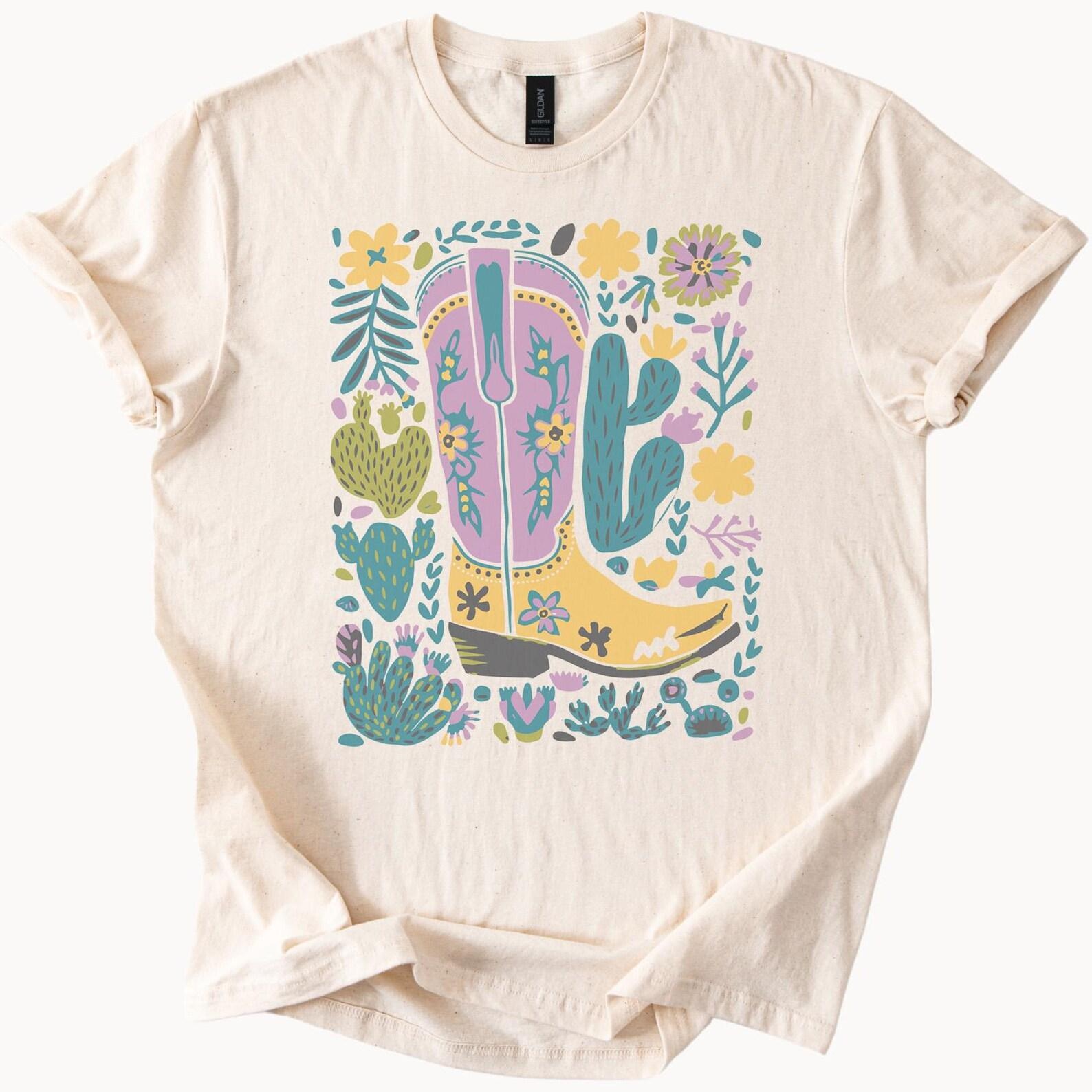 Western Cowboy Boot Graphic Tee with Colorful Cactus and Wildflower Floral Art Southwestern Desert Shirt Country Cowgirl Style 110