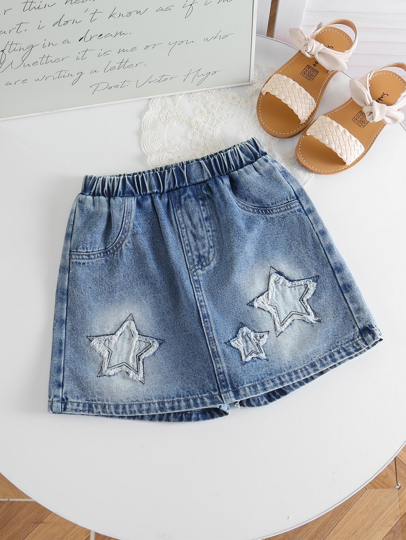 Single-piece set of simple, stylish, cute star-patterned washed elastic waist loose hot pants for girls, perfect for wearing out and about. 8Y светло-синий