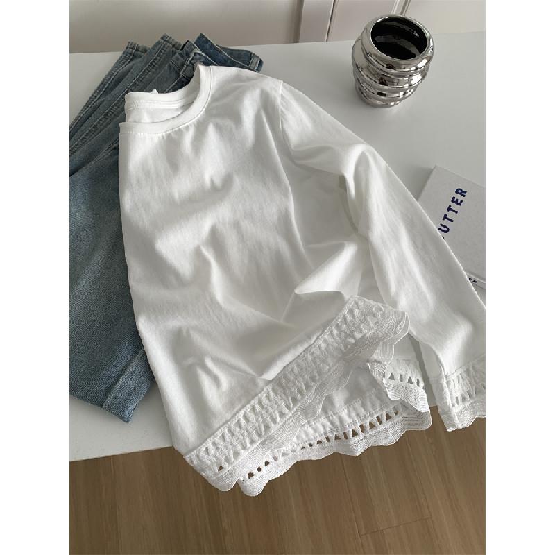 Hollowed-out lace hem pure cotton round-neck long-sleeve T-shirt for women, 2026 spring elegant Korean-style base shirt top