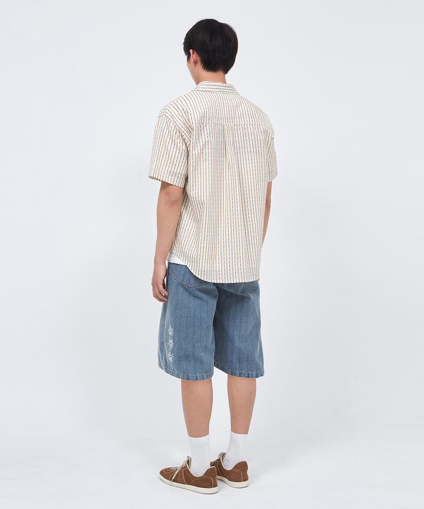 Sekeondeusolteu Striped Washed Half Shirt (Beige)