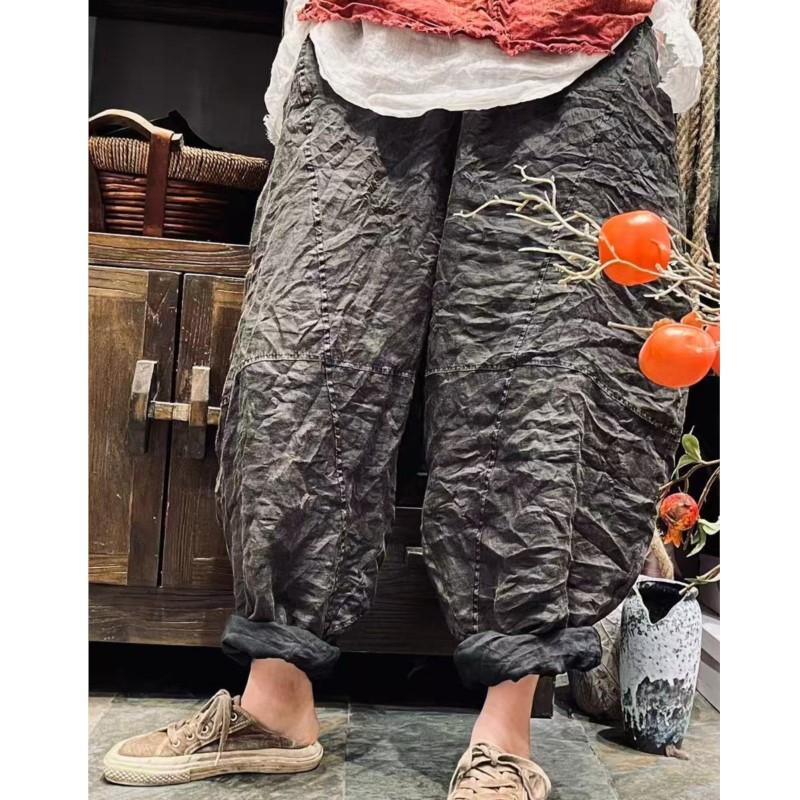 Johnature Women Harem Pants Solid Color Elastic Waist Pockets Patchwork Trousers Summer Loose Ankle Length Pants