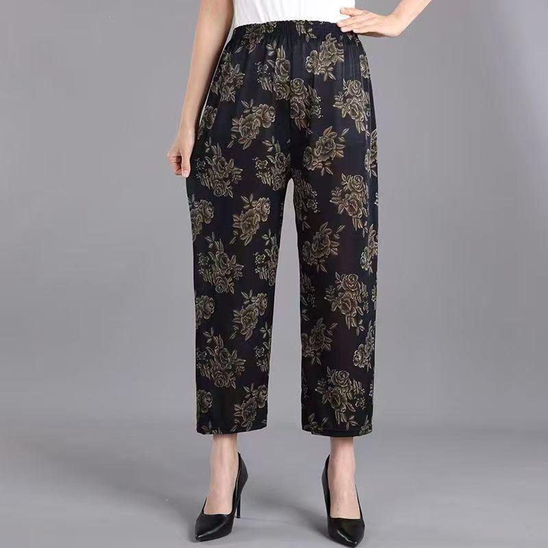 Plus Size Breathable Floral Nine-Point Pants for Mid-Aged and Elderly Women - Summer Ice Silk, Loose Straight Leg Design