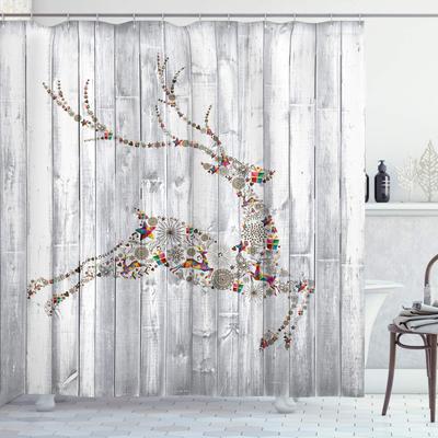 Deer Shower Curtain Colorful Animal Silhouette Christmas Elements Wooden Planks Theme Cloth Fabric Bathroom Decor Set With Hooks