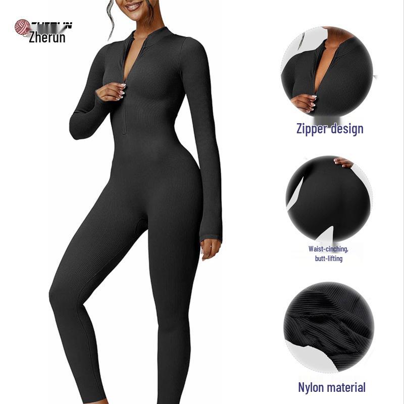 Seamless Long-Sleeve Zip Jumpsuit: Slim-Fit Yoga & Sportswear