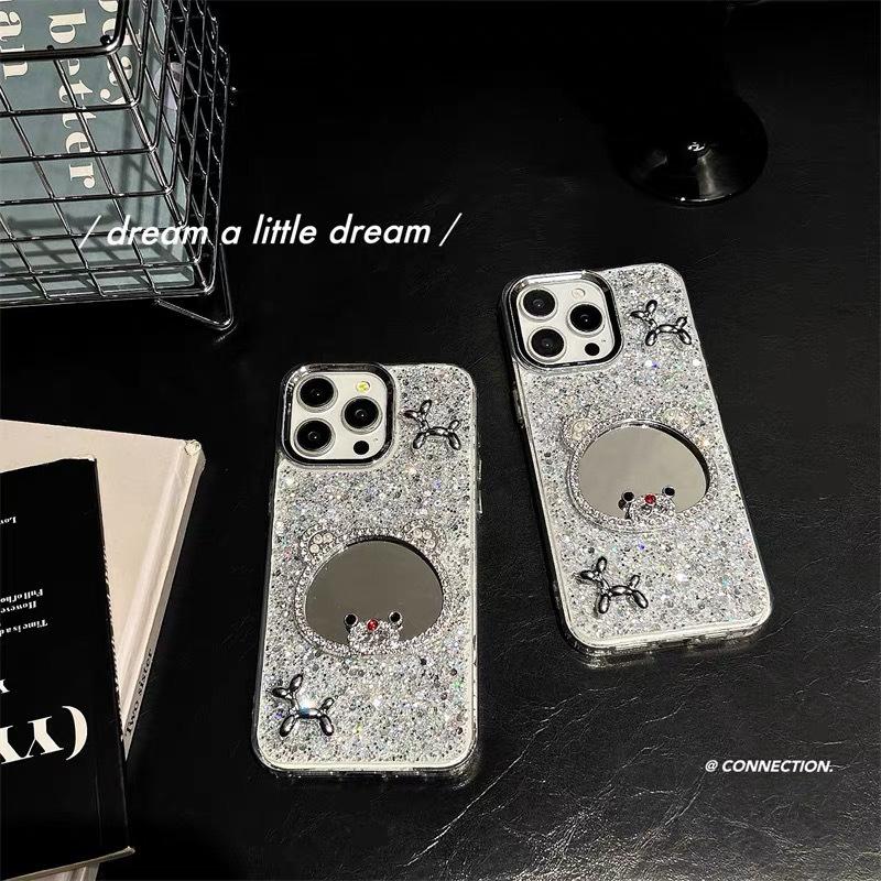 Bear Mirror Phone Case For Iphone17Promax Puppy Epoxy Sequins Apple 16 Internet Celebrity Female