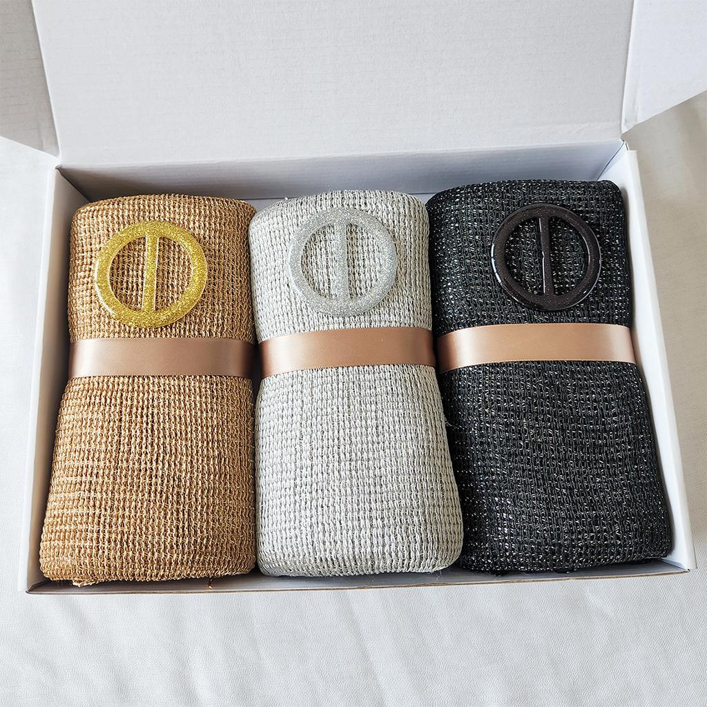 3 pcs One Set Sparkling Metallic Scarf Shawl with Buckle Women's Evening Party Shawl Gold Silver Shiny Shawls for Bridal Wedding