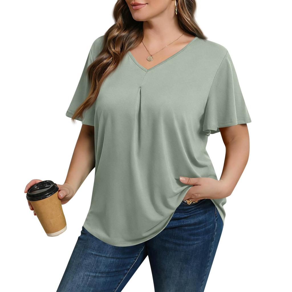 Women's Plus Size Fashionable Casual Loose-Fit Short Sleeve Elegant V Neck Blouse For Work