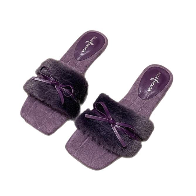 Fashion retro bow fluffy slippers women's outer wear 2025 autumn and winter new simple one-word outer wear thick heel cotton mop