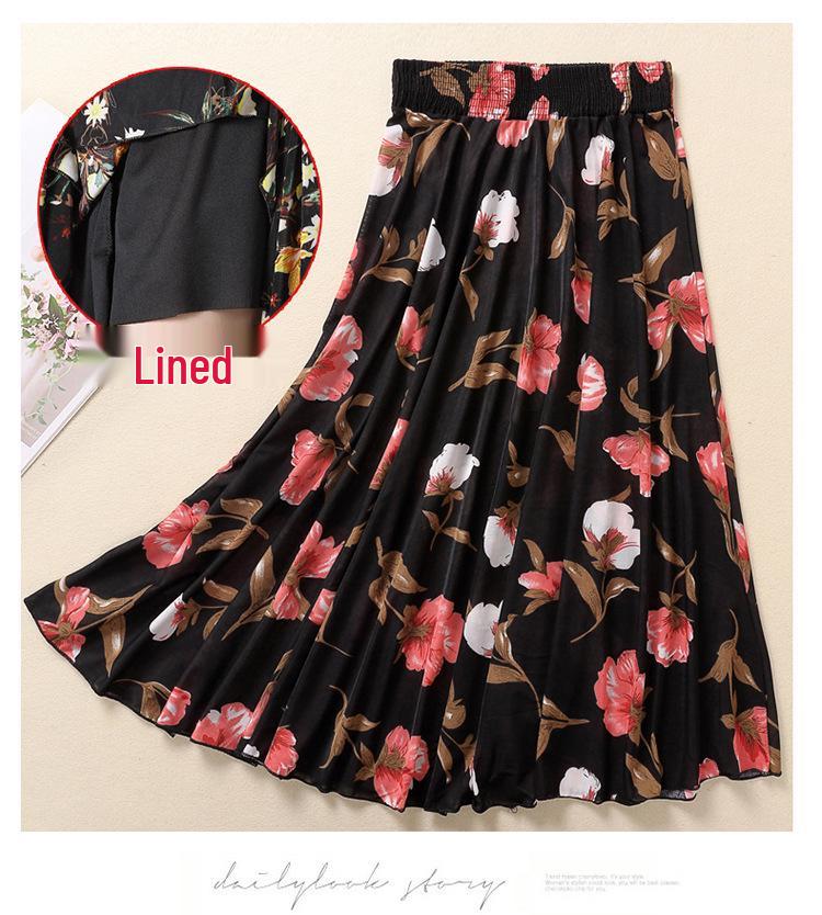 Women's Summer Midi Skirt with Lining - Elegant Swing Ice Silk for Middle-Aged and Elderly