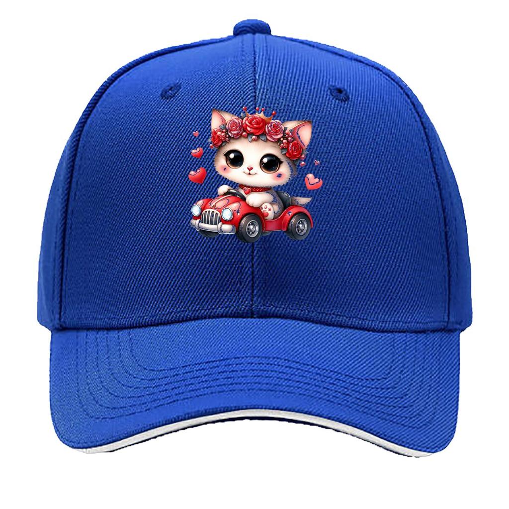 Cute Kitten Driving Red Car Heart Rose Crown Sandwich Baseball Cap Unisex Women Sun Cap Outdoor Workouts Hat