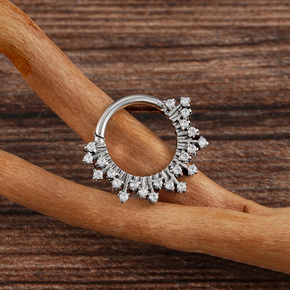 Right Grand ASTM F136 Titanium 16G CZ Hinged Clicker Segment Hoop Ring Sunburst CZ Daith Earring Septem Nose Piercing Jewelry