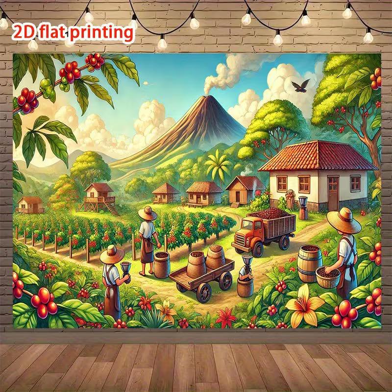 Whimsical Coffee Plantation Tapestry, Brightly Colored Farm Scene with Farmers, Coffee Beans and a Volcano, Playful Rustic Wall Art