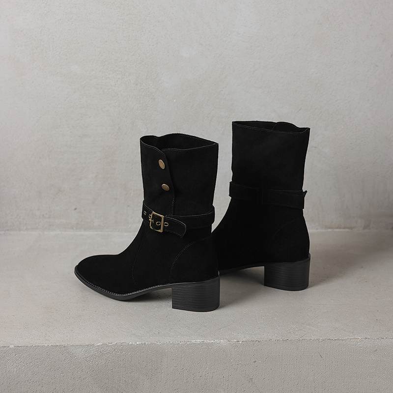 Krazing Pot Cow Suede Nubuck Winter Round Toe Modern Boots Med Heels Slip on Metal Rivets Women Mid-calf Boots