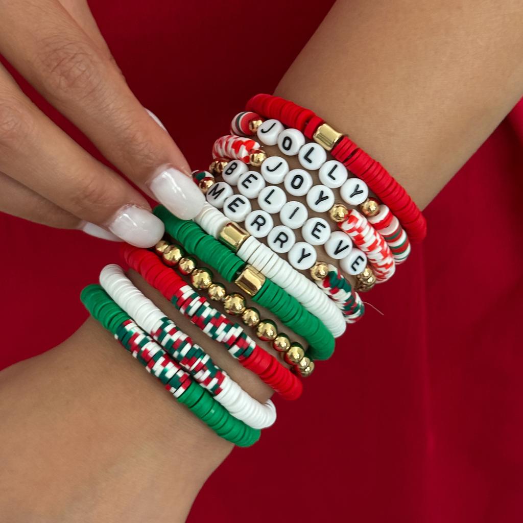 Christmas Contrasting Soft Pottery Letter Elastic Bracelet, Creative Festive Colored Beaded Hand Jewelry