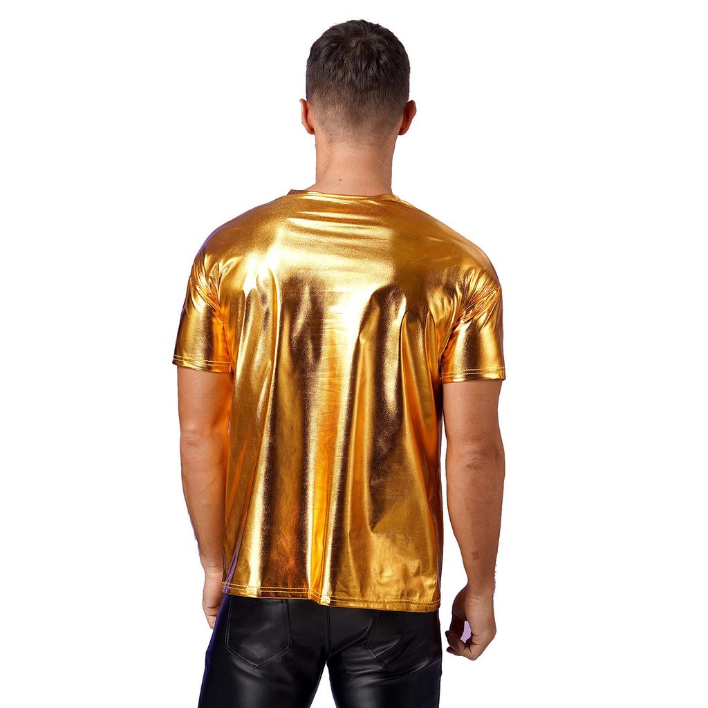 Pánský metalický lesklý funkční top s kulatým výstřihem a krátkým rukávem pro klubová vystoupení nebo taneční večírky