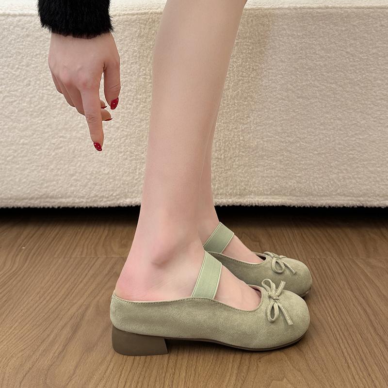 French Baotou Semi-slippers Women's Outer Wear 2026 New Block Heel Bow Knot Cool Drag Inner Heightening Single Shoes