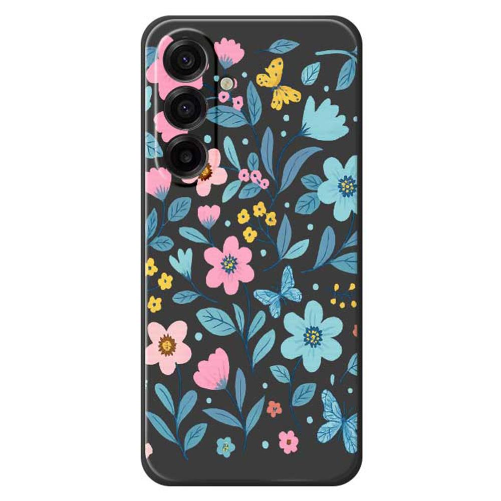 For Samsung Galaxy A17 5G Case Blue Pink Flowers Pattern Printing Straight Edge TPU Phone Back Cover
