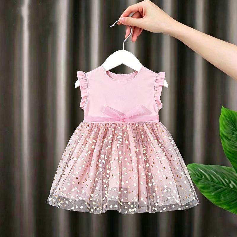 Girls' Elsa Princess Pink Star Mesh Dress - Short Sleeve Summer 2026 Edition