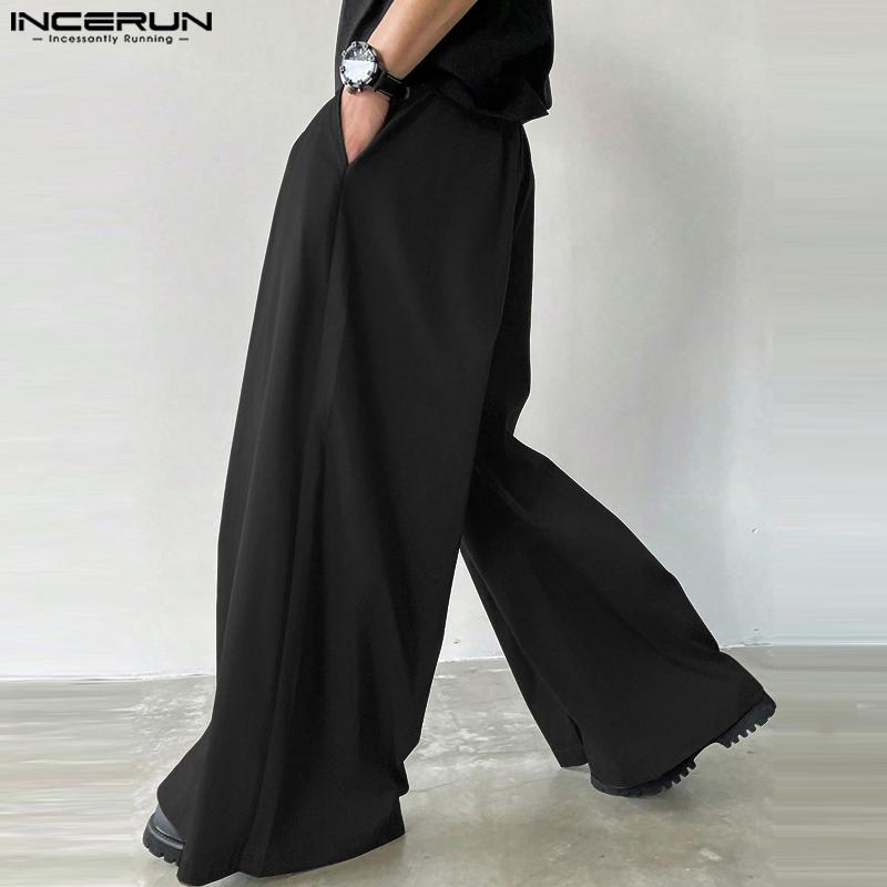 INCERUN Men Zip-up Elastic High Waist Trousers Casual Long Wide Legs Pants