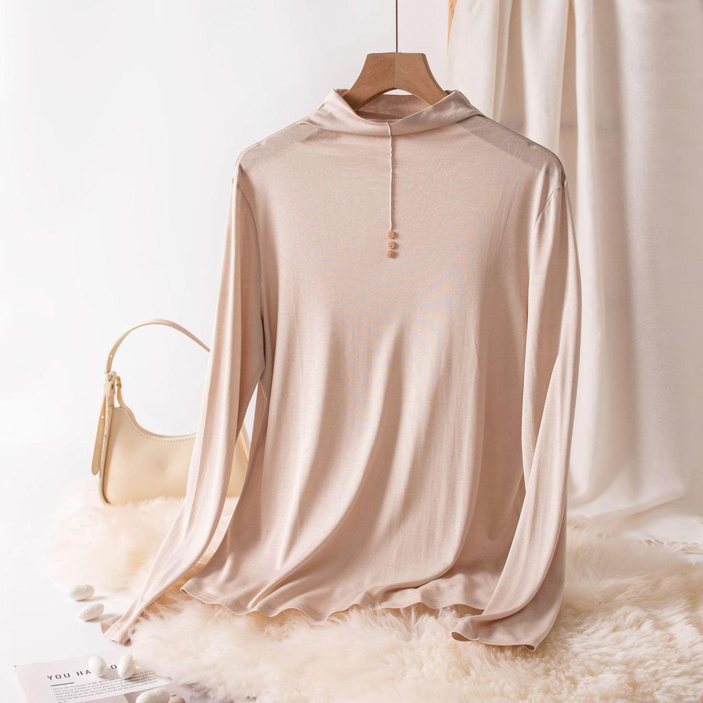 Herbst/Winter Damen Maulbeerseide Semi-High Neck Top mit Knopfdetail