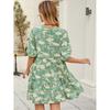 Women Elegant Pattern Print Pleat Party Dress Casual Short Sleeve Loose Bohemian Dress Summer Sexy V-neck  Dress