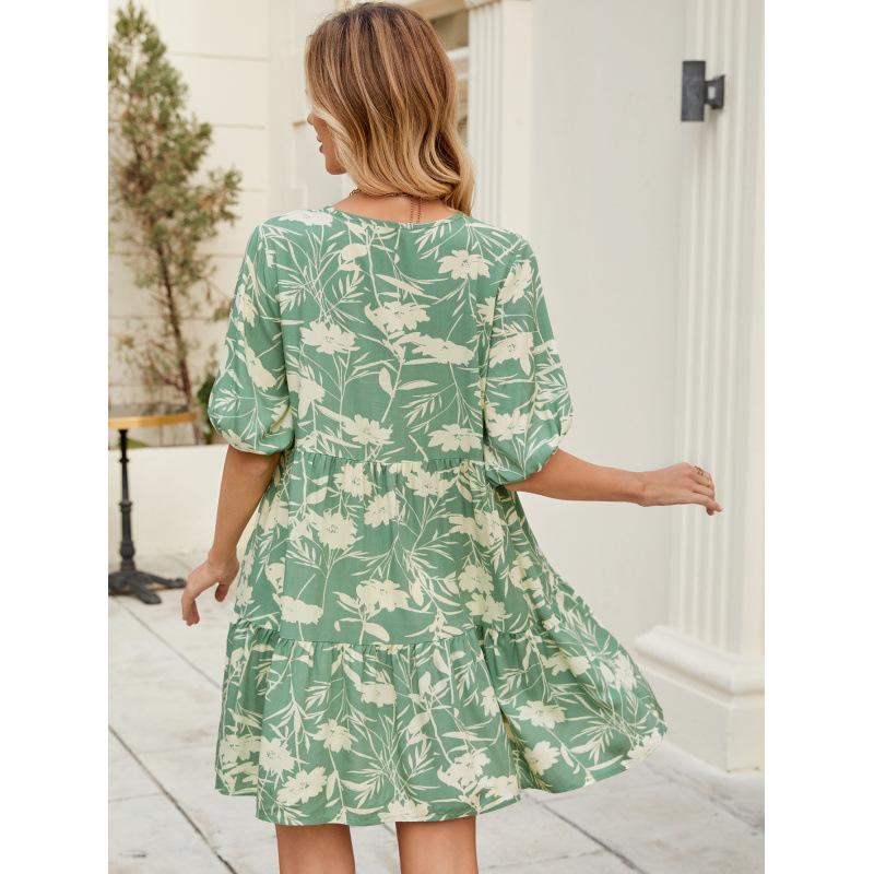 Women Elegant Pattern Print Pleat Party Dress Casual Short Sleeve Loose Bohemian Dress Summer Sexy V-neck Dress
