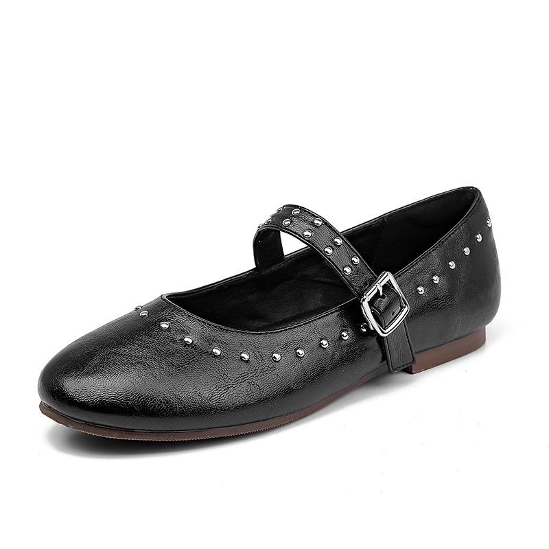 Fashion Rivet Buckle Strap Ballets Shoes Ladies Solid PU Leather Flats Woman Soft Bottom Mary Janes Femme Stud Mocassines Barefoot Shoes