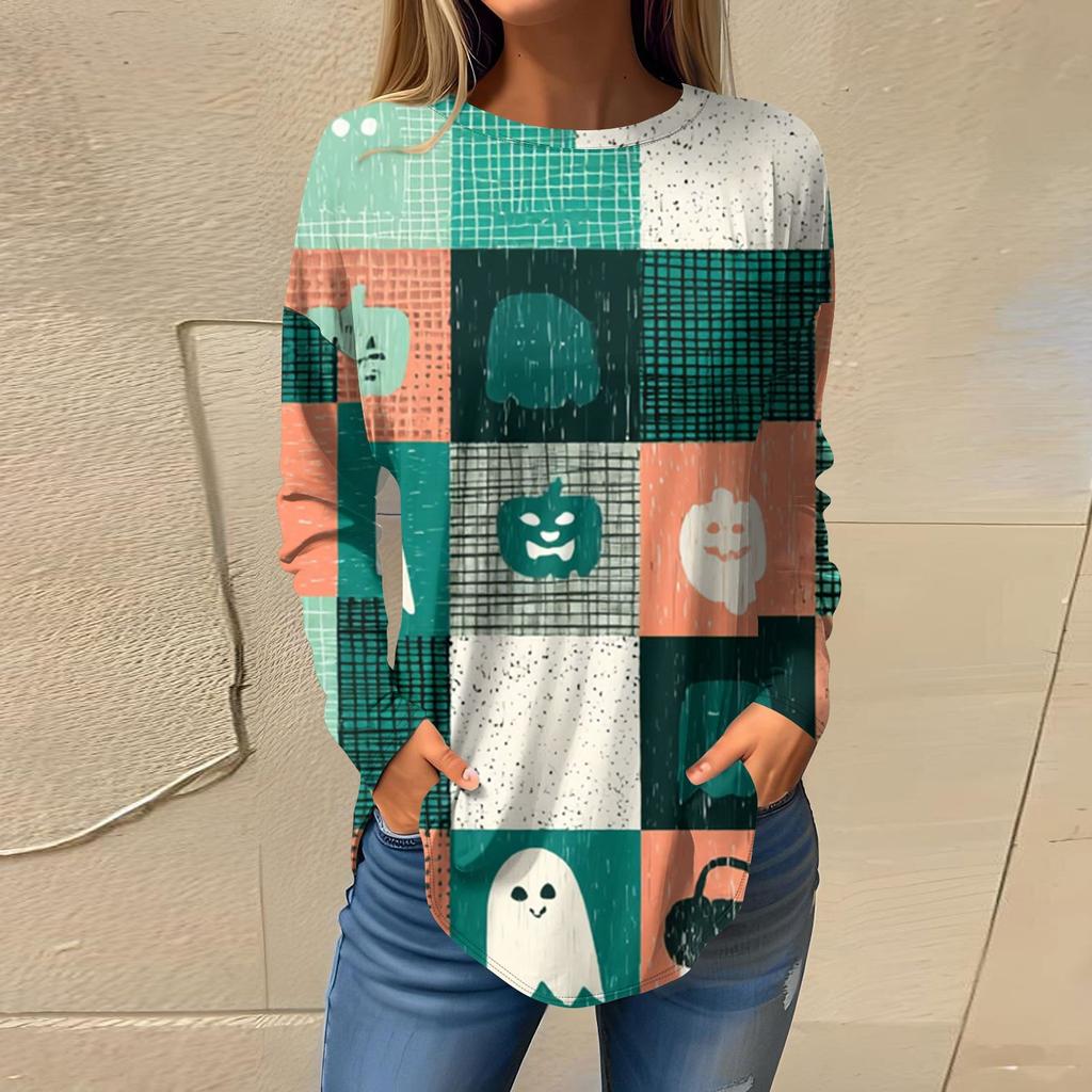 Damenmode Lockerer Rundhals Halloween-Druck Langarm T-Shirt Top Pullover