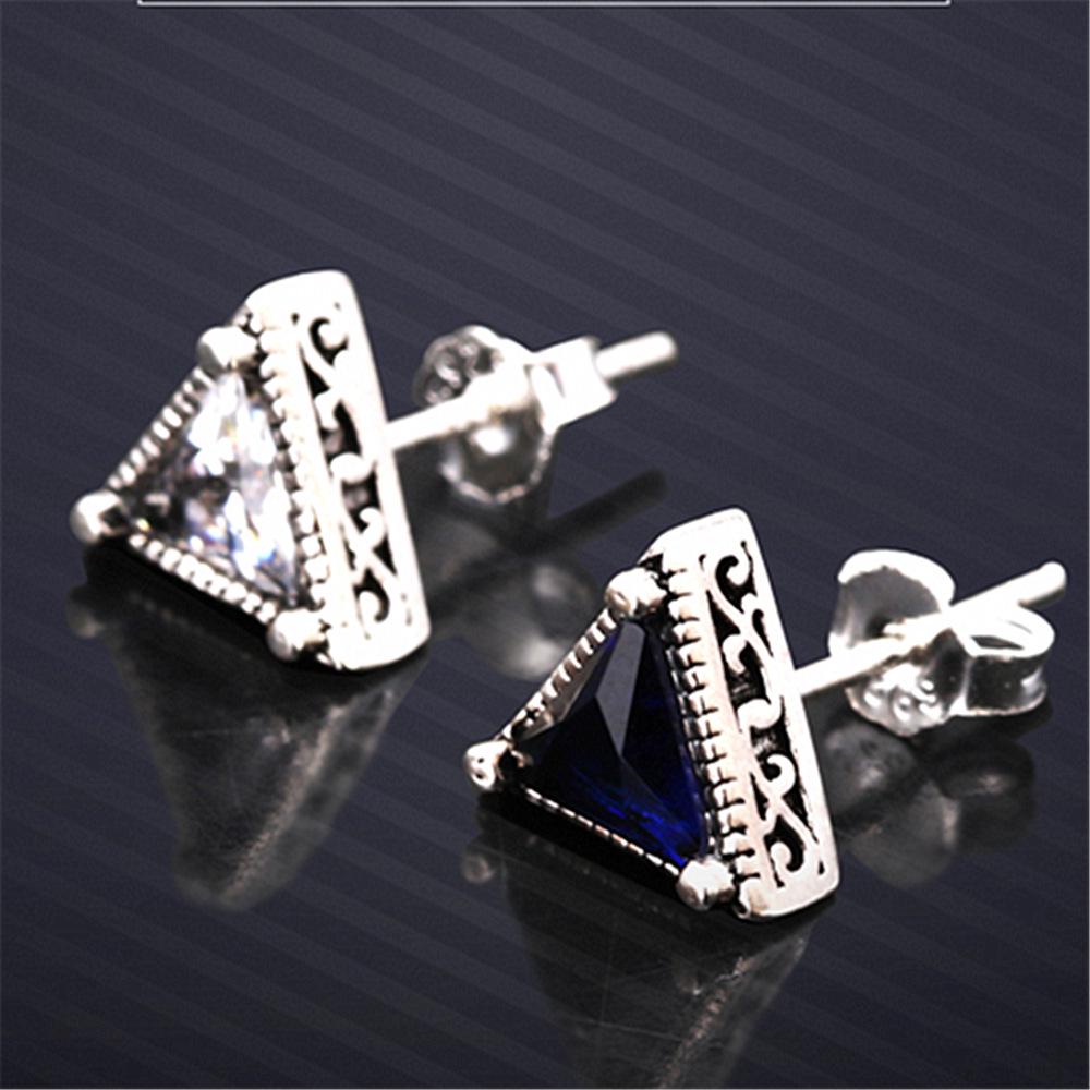 Copper-Plated Platinum Deep Blue Diamond Stud Triangle Earrings for Men