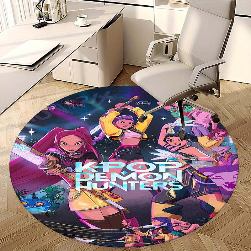 1pc KPOP Demon Hunters Anime Cartoon Design Round Carpet  Office Chair Mat, NonSlip Rug for Home Decor, Living Room, Bedroom