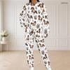 Women Plus Size Round Neck Long Sleeve Halloween Cactus Print White Two Piece Loungewear Set