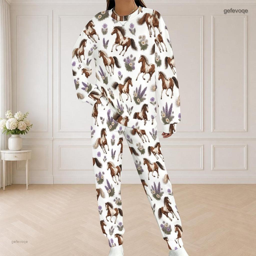 Women Plus Size Round Neck Long Sleeve Halloween Cactus Print White Two Piece Loungewear Set