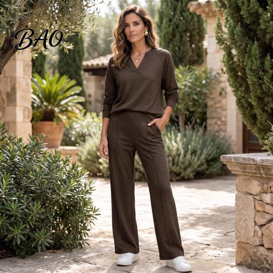 Women Gym Clothing Sweatshirt Pants 2-Piece Set, V-Neck Long Sleeve Top & Wide Lounge Sets Leg Trousers with Elastic Waist, Solid Color Matching