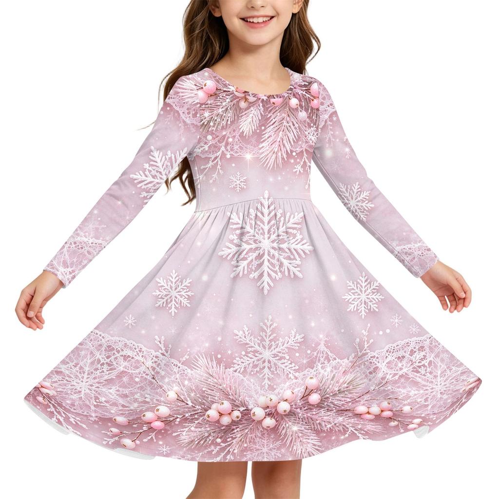 Kids Christmas Print Long Sleeve Dress for Holiday Parties and Everyday Wear