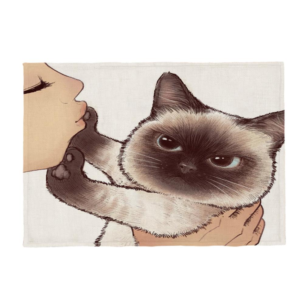 Kočičí lněná podložka na stůl Roztomilý odmítá políbit Prostírání s kresleným vzorem Dekorace na kuchyňský stůl Mat