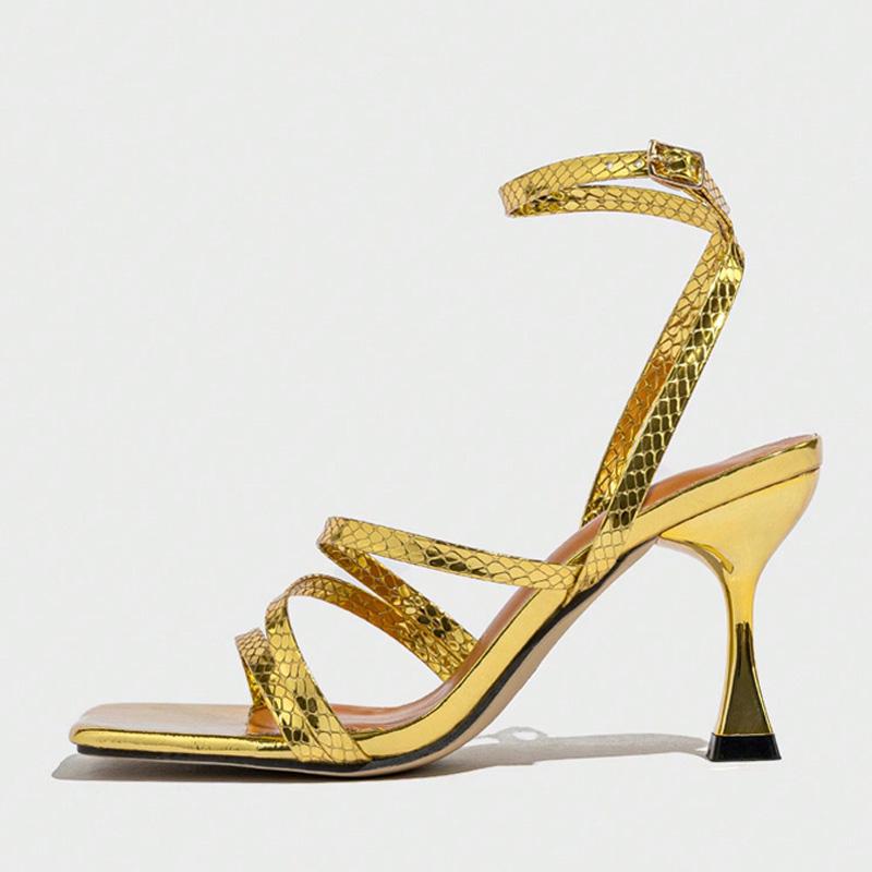 

Liyke сексуальные змеиный принт кожа ремешок на щиколотке золотые босоножки женские узкие полоски квадратный открытый носок гладиаторские туфли на высоком каблуке для женщин обувь 35