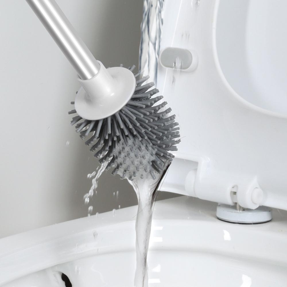 Punch-Free Wall Mounted Toilet Brush with Drainable Base Long Handle Plastic Silicone Toilet Cleaning Brush Bathroom Accessories