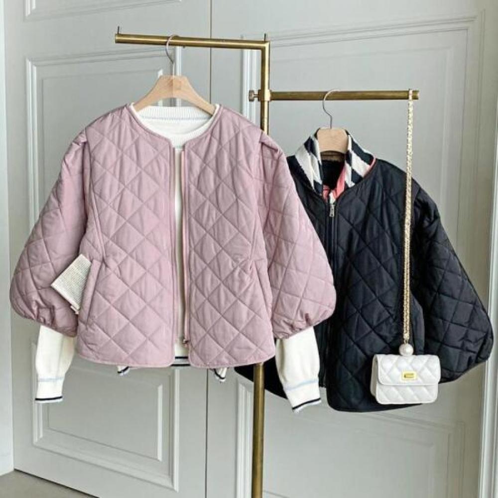 New Arrivals Open Run Balloon Round Neck 3 4 Cardigan Zip Quilted Jacket