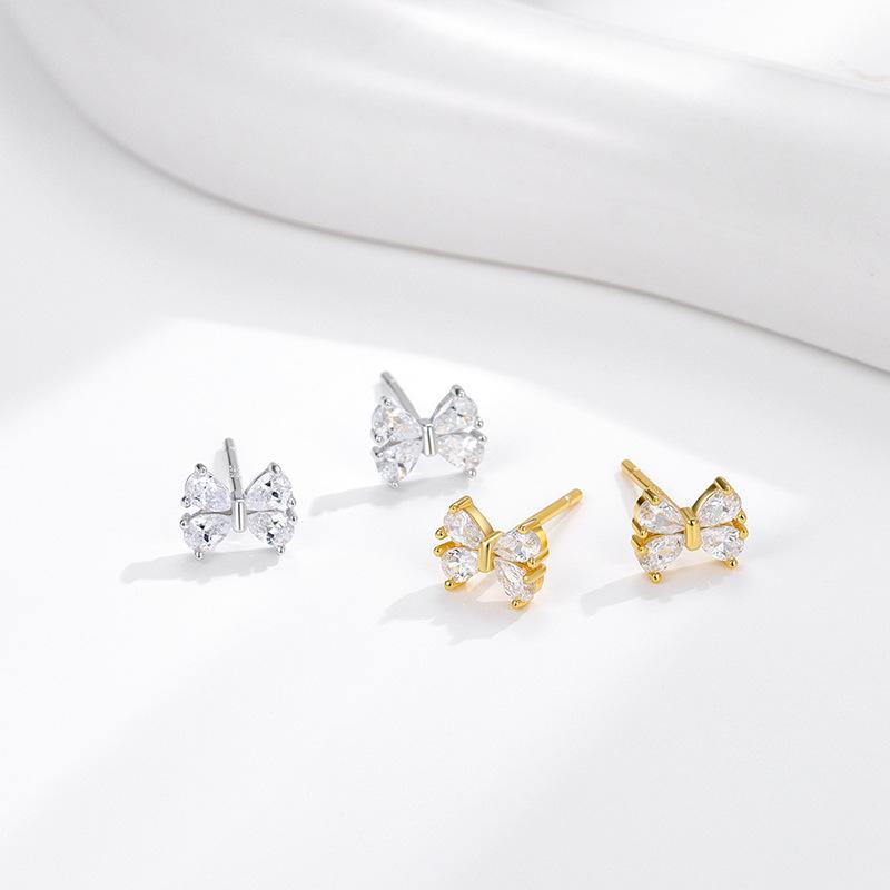 925 Sterling Silver Inlaid Zircon Bow Earrings for Women Student Korean Sweet Jewelry Accessories