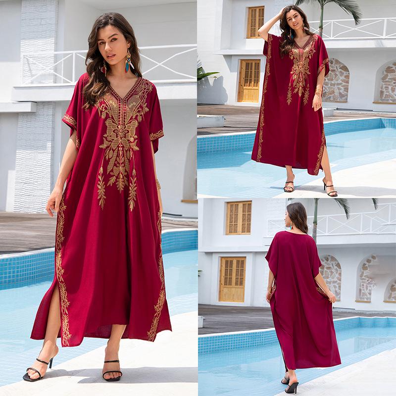 "European & American Embroidered Cotton Maxi Skirt: Women's Beach Sun Protection Robe"