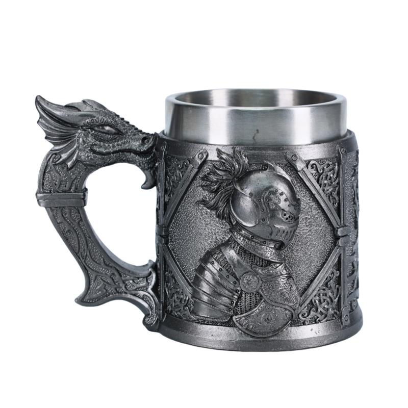 Medieval Knight Beer Mug With Dragon Handle Retro Style Stainless Steel Liner Large Capacity Tankard For Men Gifts