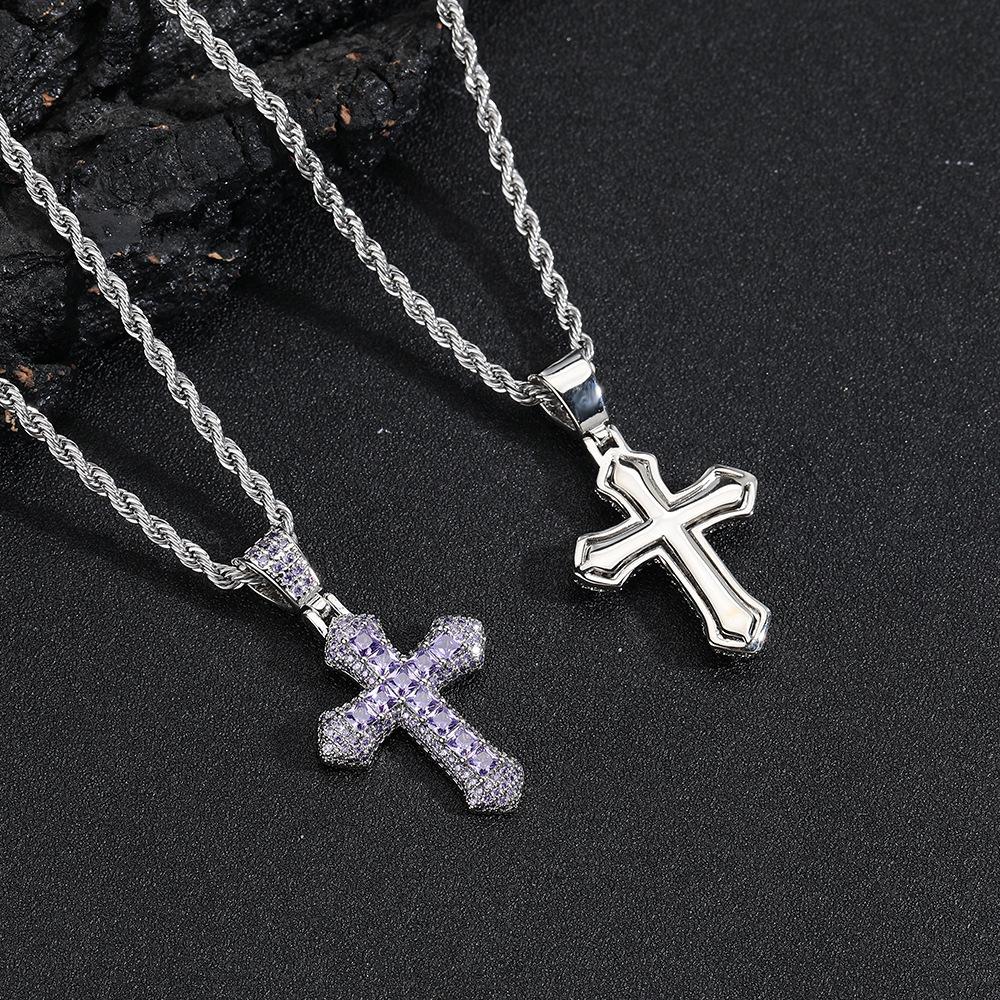 European and American Style Personalized Colorful Zircon Cross Necklace for Men Hip Hop Full Diamond Zircon Pendant Necklace Jewelry for Women