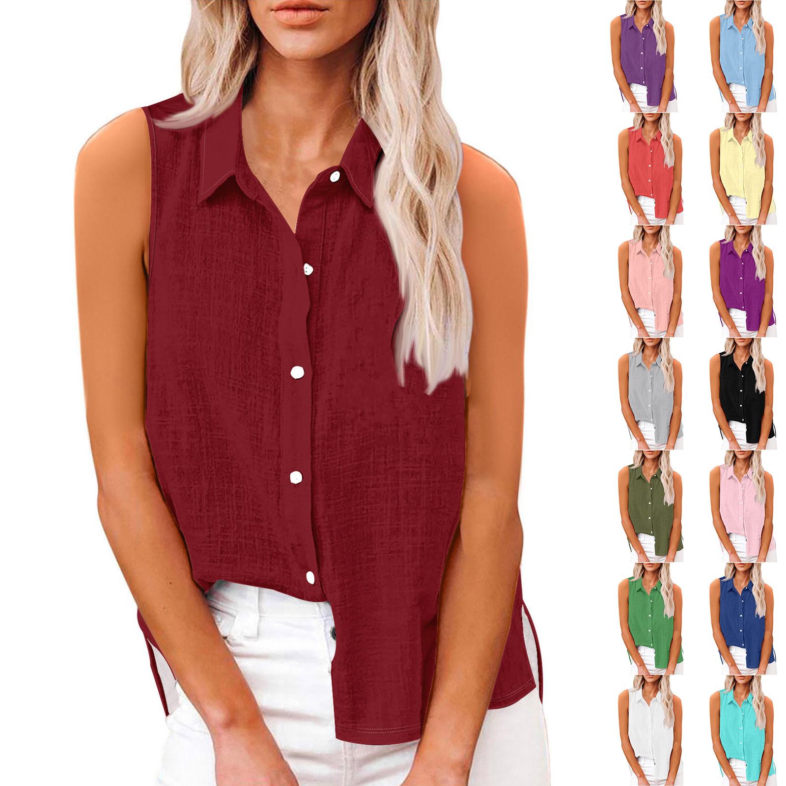 

Женская мода, повседневная однотонная рубашка без рукавов, рубашка на пуговицах, футболка, топ