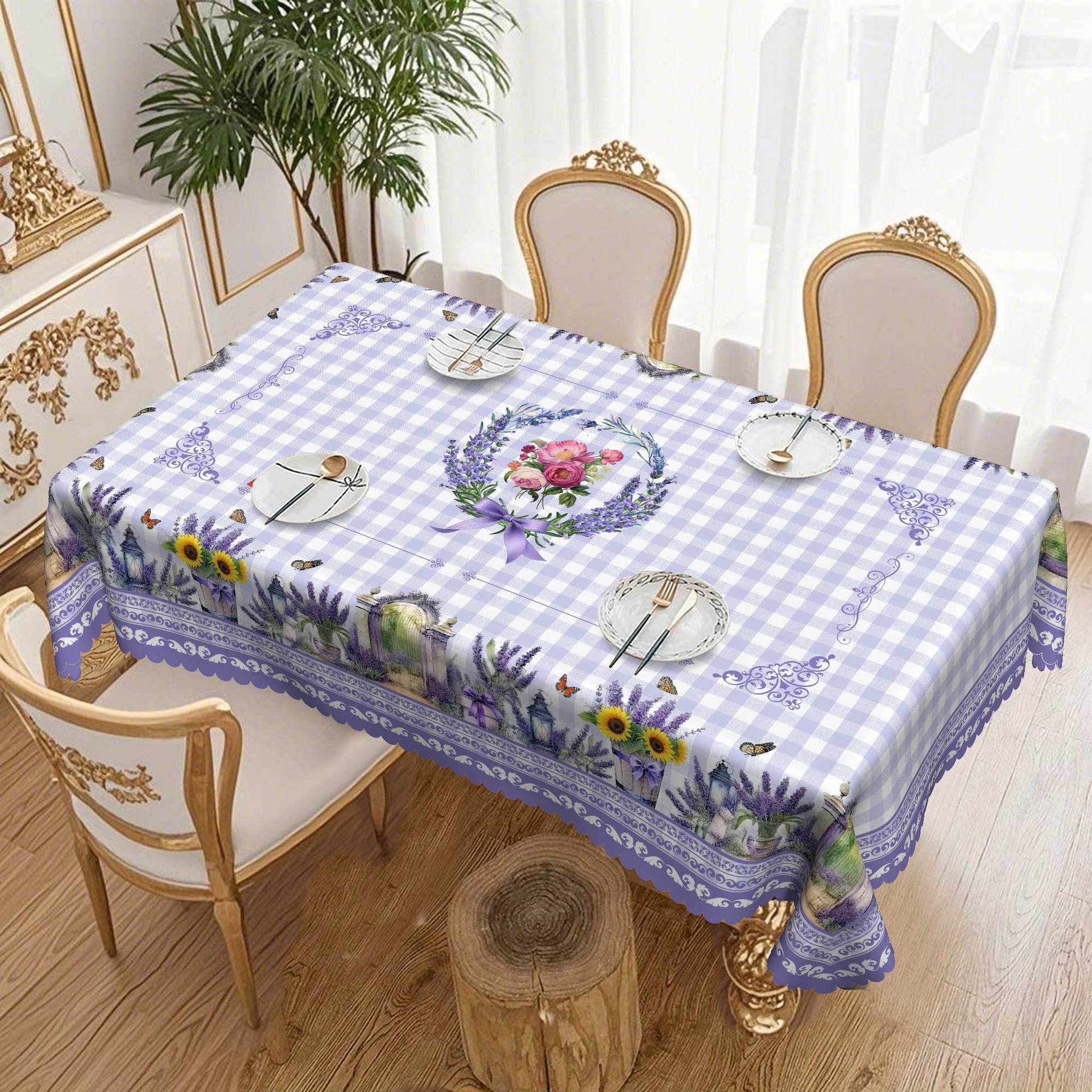 Фиолетовый Лавандовый Подсолнух Пион Цветок Бабочка Ваза Цветочный Узор Скатерть, Круглая И Прямоугольная Скатерть Round tablecloth-152x152cm