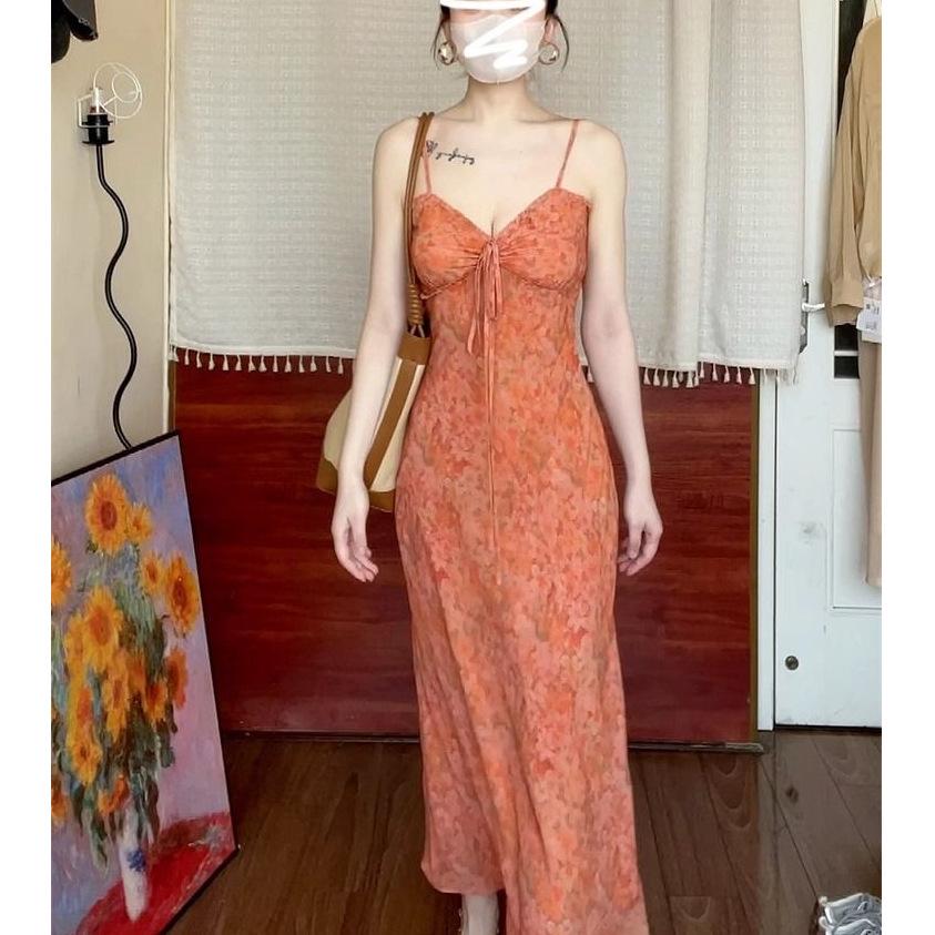 Seaside Resort French Floral Strappy Summer Dress - Women s Petite Waist-Cinched Elegant 2025 Style Extra Large
