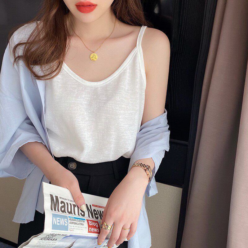 

Women s Summer Tank Top with Straps to Cover Side Breasts, White Base Layer, Bamboo Cotton Sleeveless T-Shirt, Loose Fit Top White ~ V-Neck Spaghetti Strap S