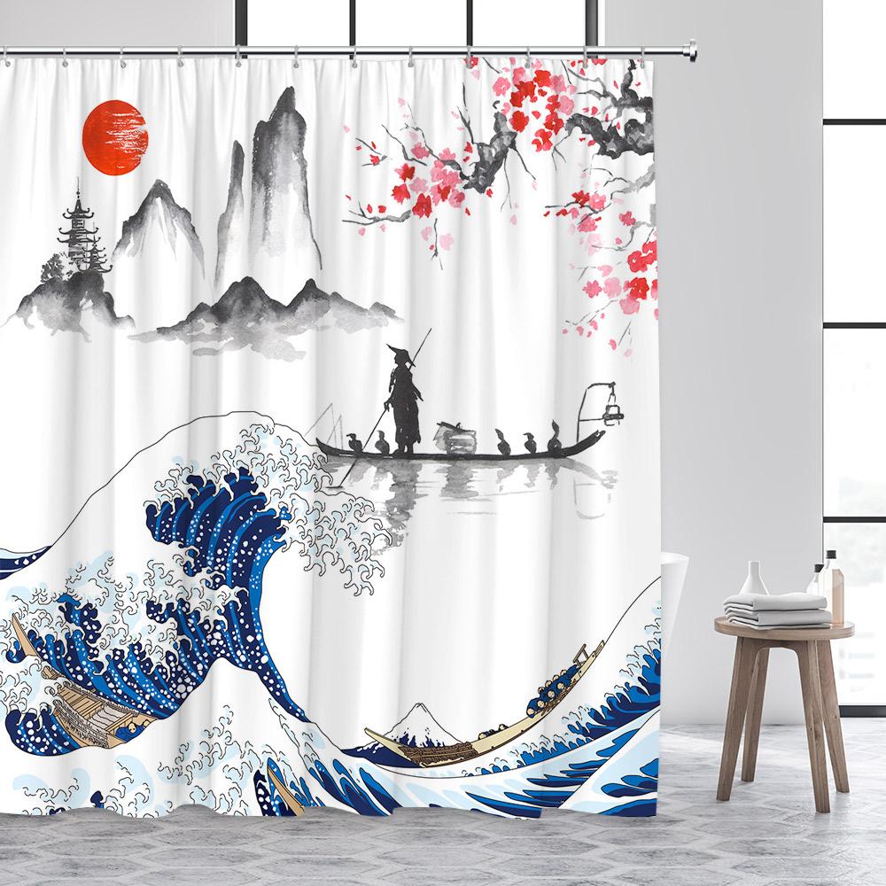 Japanese Style Shower Curtain Sea Wave Cherry Blossom Floral Ink Bamboo Mountain Scenery Bathroom Curtains Polyester Home Decor